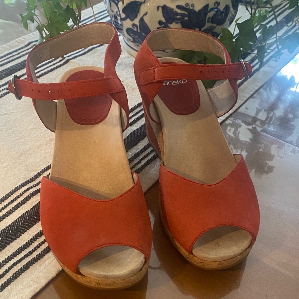 Dansko Red Cork Wedge Sandals with Ankle Strap